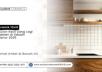 Desain interior modern minimalis dengan keramik 10x10 pada dinding aksen dapur dan kamar mandi, menggunakan pola geometris dengan warna netral dan pastel, dilengkapi dengan elemen Japandi dan furnitur kayu alami.
