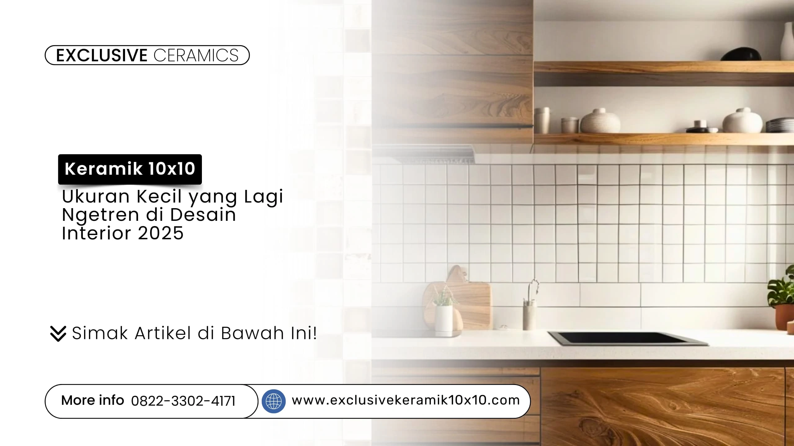 Desain interior modern minimalis dengan keramik 10x10 pada dinding aksen dapur dan kamar mandi, menggunakan pola geometris dengan warna netral dan pastel, dilengkapi dengan elemen Japandi dan furnitur kayu alami.