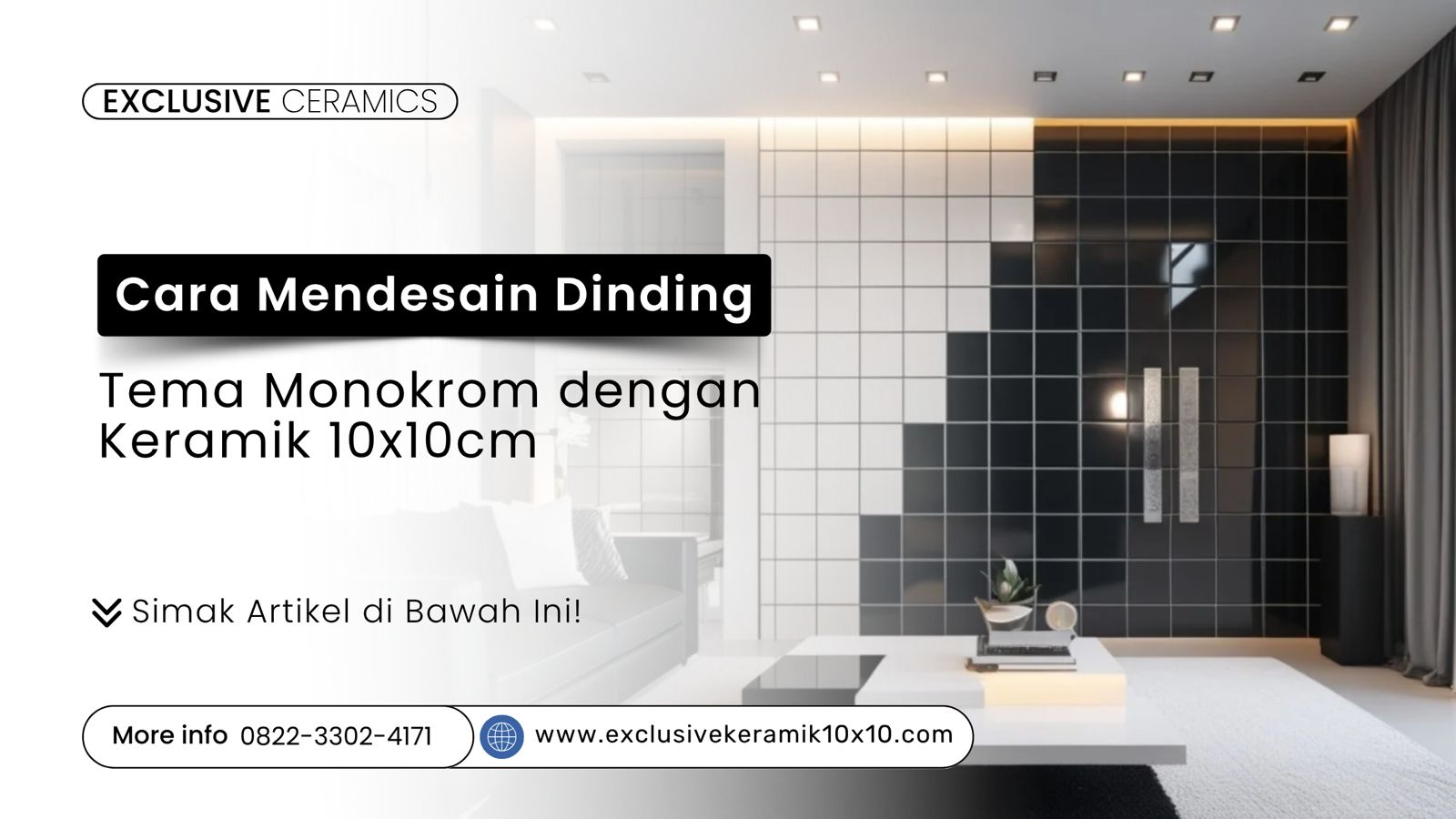 Dinding ruang tamu monokrom dengan keramik 10x10 cm berpola geometris