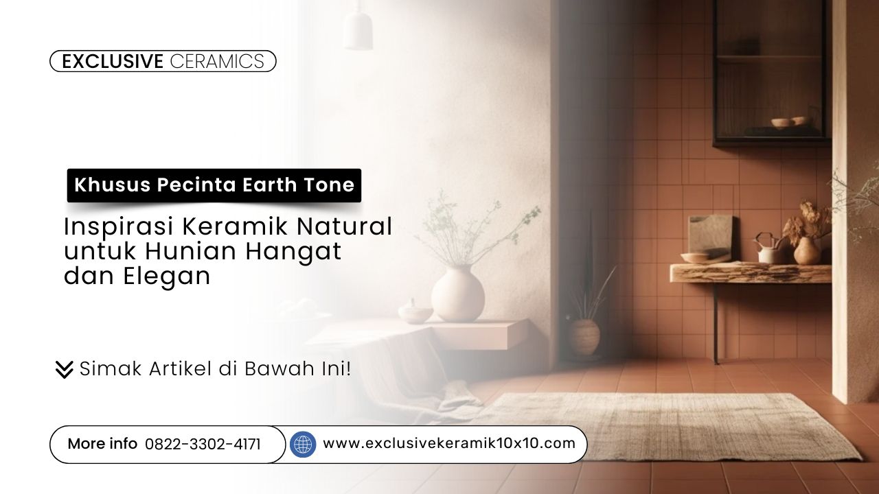 Interior ruang tamu dengan keramik earth tone terracotta dan cokelat tua
