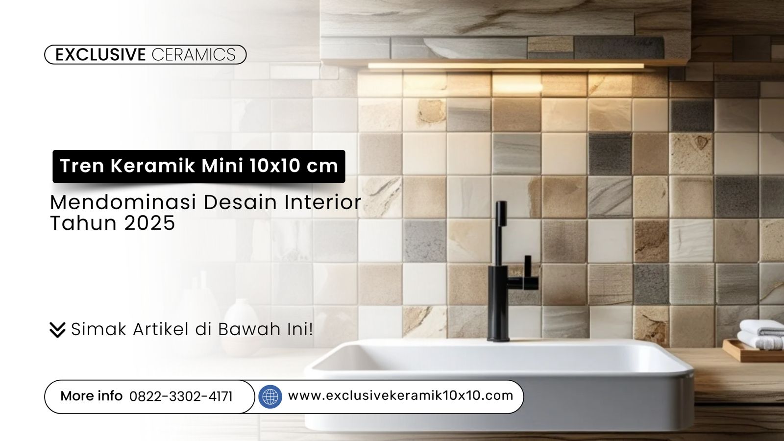 Keramik mini 10x10 cm dalam pola herringbone modern untuk tren desain interior 2025, menampilkan backsplash dapur dan dekorasi kamar mandi.