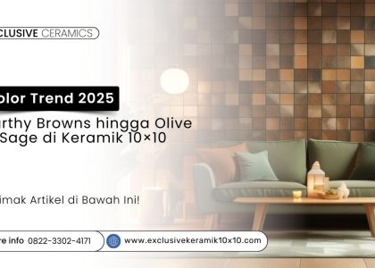 Interior ruang tamu dengan keramik 10x10 earthy brown dan sage