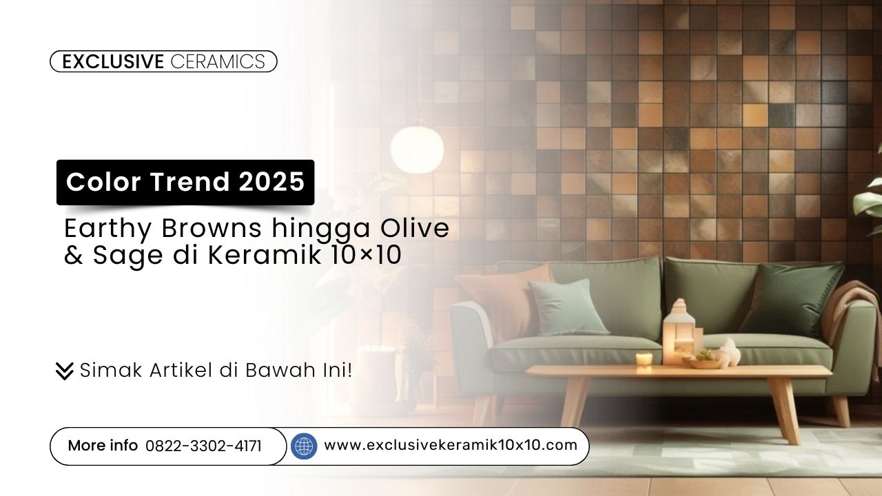 Interior ruang tamu dengan keramik 10x10 earthy brown dan sage